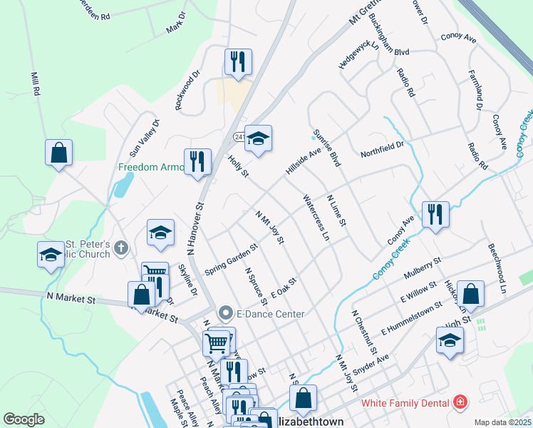 map of restaurants, bars, coffee shops, grocery stores, and more near 535 North Mount Joy Street in Elizabethtown