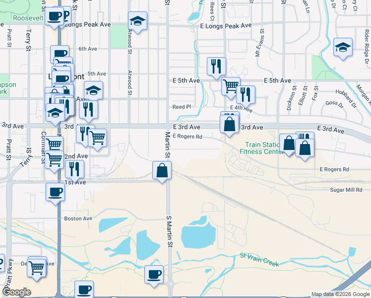 map of restaurants, bars, coffee shops, grocery stores, and more near 1-299 E 2nd Ave in Longmont