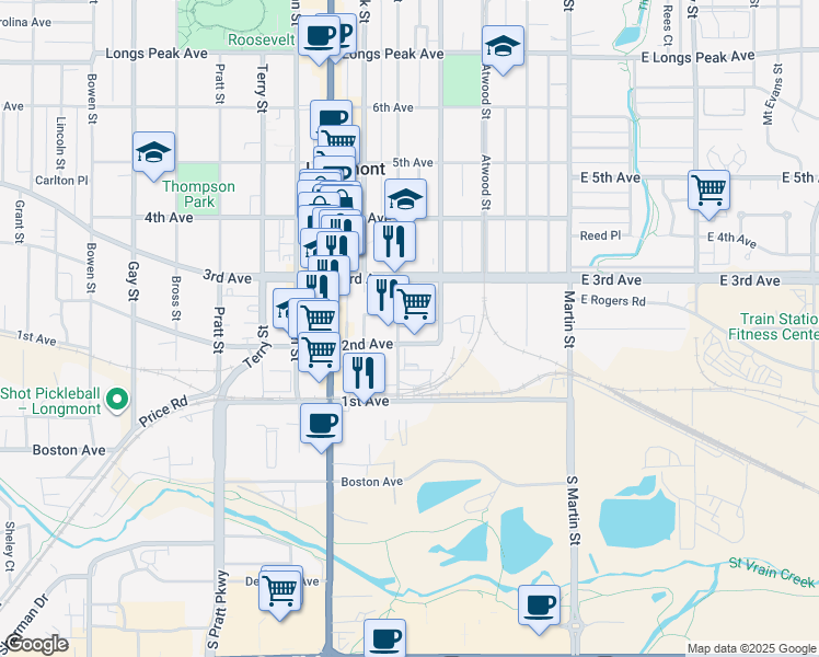 map of restaurants, bars, coffee shops, grocery stores, and more near 324 2nd Avenue in Longmont