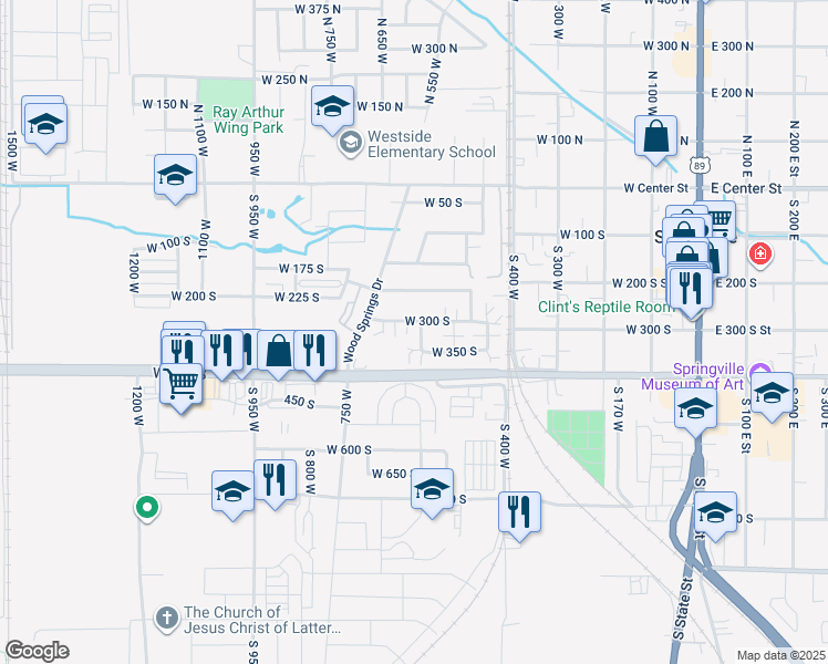 map of restaurants, bars, coffee shops, grocery stores, and more near 493 West 300 South in Springville
