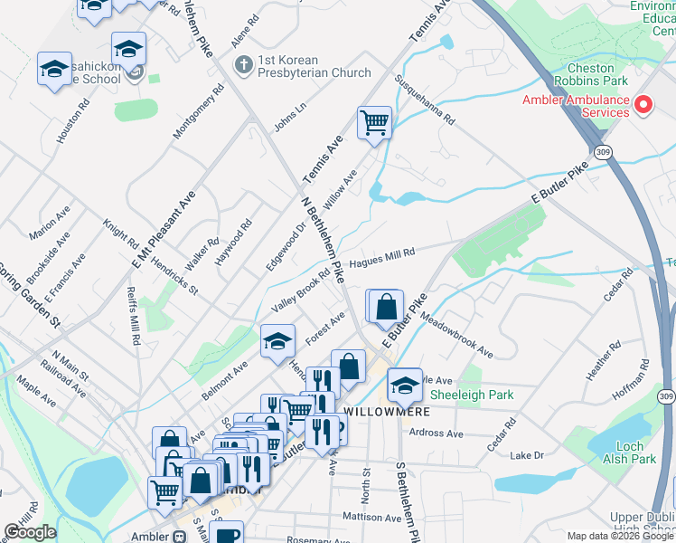 map of restaurants, bars, coffee shops, grocery stores, and more near 220 South Maple Street in Ambler