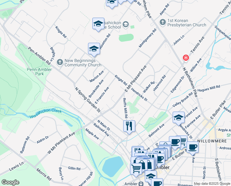 map of restaurants, bars, coffee shops, grocery stores, and more near 340 Pleasant Acre Dr in Ambler