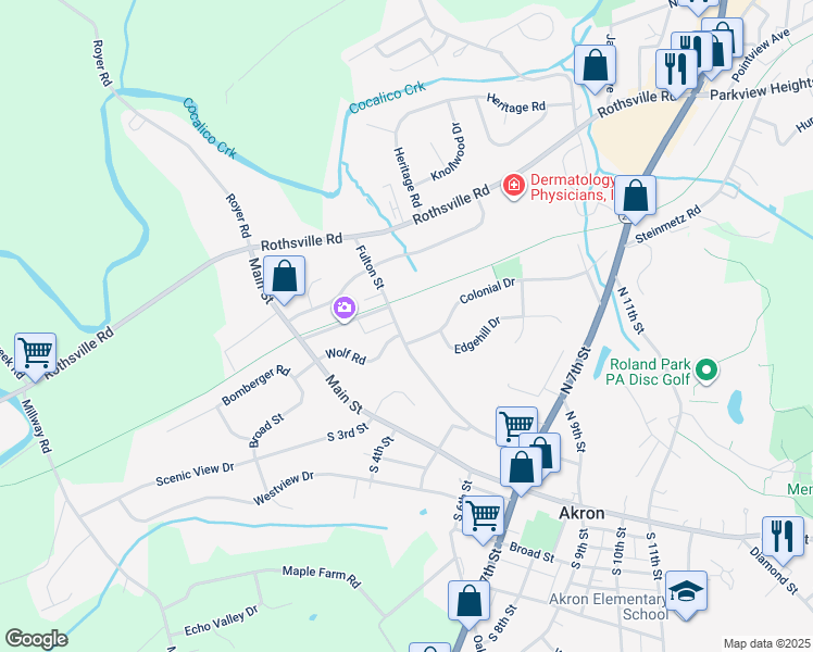 map of restaurants, bars, coffee shops, grocery stores, and more near 127 Fulton Street in Akron
