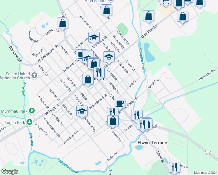 map of restaurants, bars, coffee shops, grocery stores, and more near 65 South Main Street in Manheim