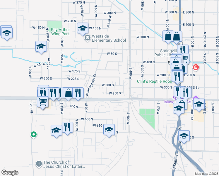 map of restaurants, bars, coffee shops, grocery stores, and more near 493 West 300 South in Springville