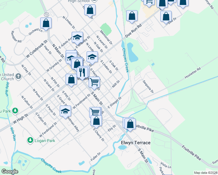 map of restaurants, bars, coffee shops, grocery stores, and more near 108 Mill Street in Manheim