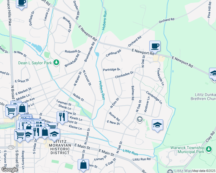 map of restaurants, bars, coffee shops, grocery stores, and more near 233 Cardinal Road in Lititz