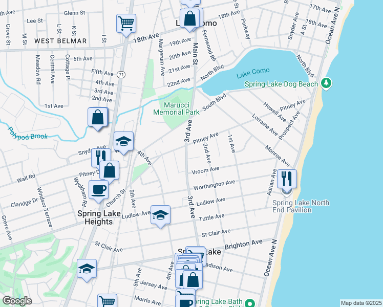 map of restaurants, bars, coffee shops, grocery stores, and more near 10 Elizabeth Court in Spring Lake