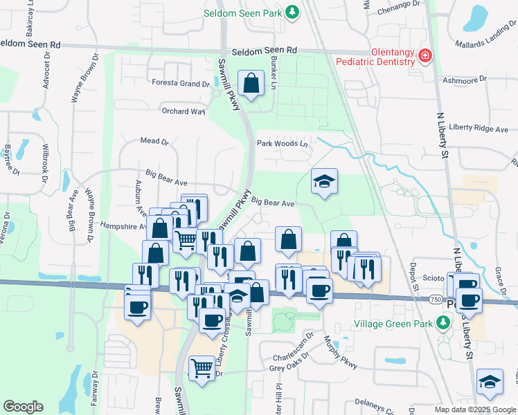 map of restaurants, bars, coffee shops, grocery stores, and more near 9392 Clermont Boulevard in Powell