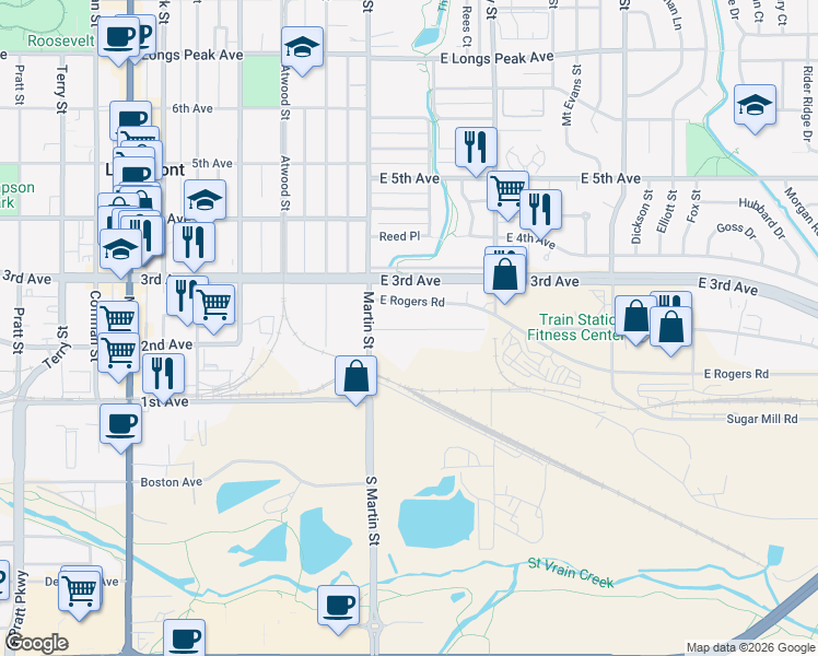map of restaurants, bars, coffee shops, grocery stores, and more near 1-299 E 2nd Ave in Longmont