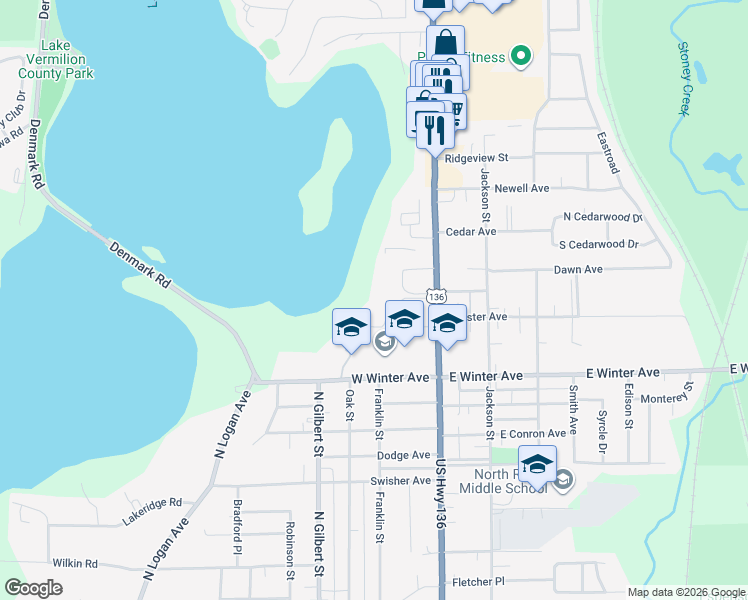 map of restaurants, bars, coffee shops, grocery stores, and more near 2200 North Vermilion Street in Danville