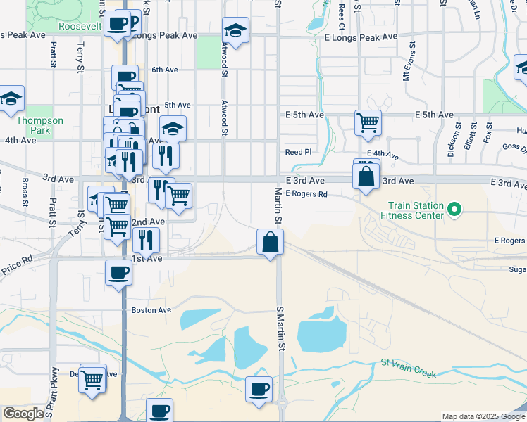 map of restaurants, bars, coffee shops, grocery stores, and more near 210 Baker Street in Longmont