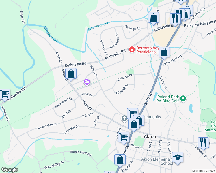 map of restaurants, bars, coffee shops, grocery stores, and more near 112 Colonial Drive in Akron