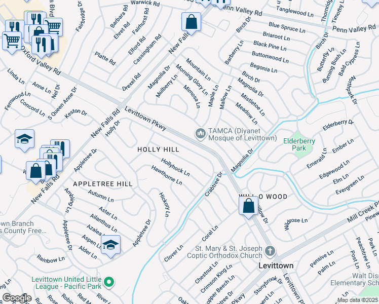 map of restaurants, bars, coffee shops, grocery stores, and more near 319 Holly Drive in Levittown