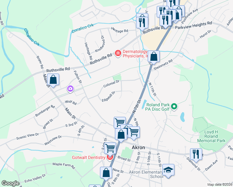 map of restaurants, bars, coffee shops, grocery stores, and more near 302 Manor Ridge Drive in Akron