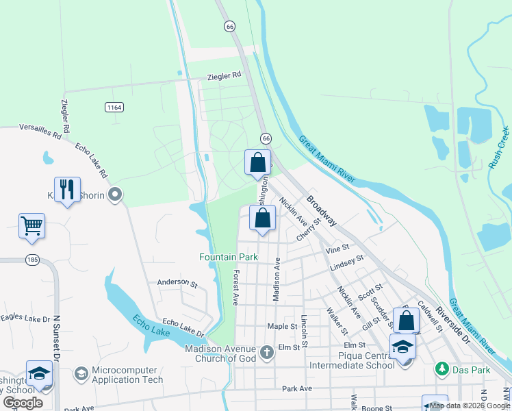 map of restaurants, bars, coffee shops, grocery stores, and more near 1606 Washington Ave in Piqua