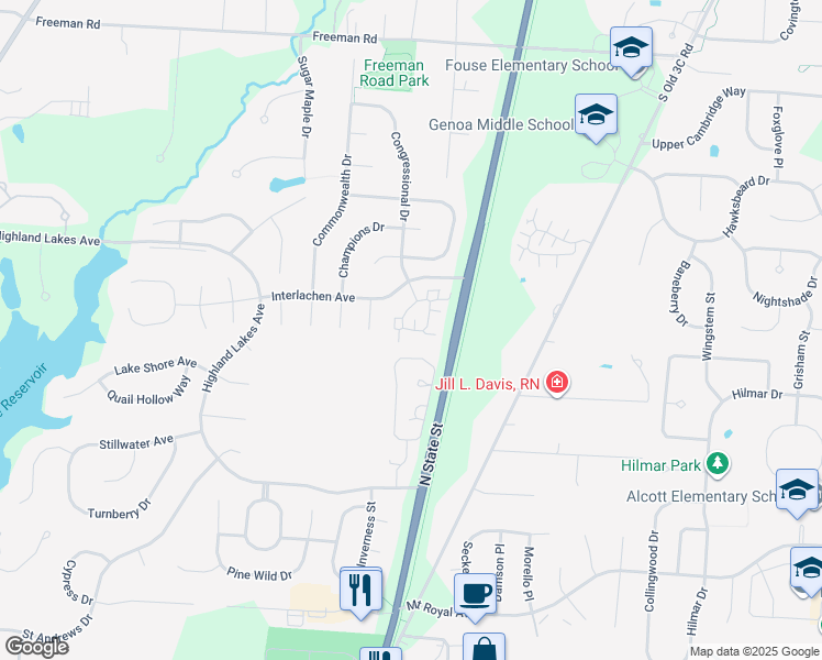 map of restaurants, bars, coffee shops, grocery stores, and more near 6390 Mission Hills Place in Westerville