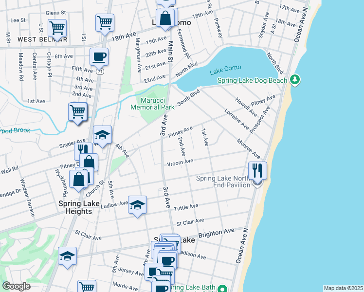 map of restaurants, bars, coffee shops, grocery stores, and more near 2214 2nd Avenue in Spring Lake