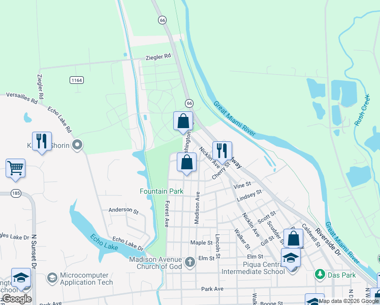 map of restaurants, bars, coffee shops, grocery stores, and more near 1606 Washington Avenue in Piqua