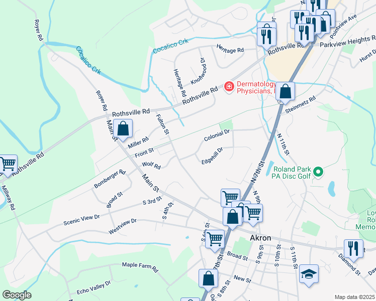 map of restaurants, bars, coffee shops, grocery stores, and more near 112 Colonial Drive in Akron