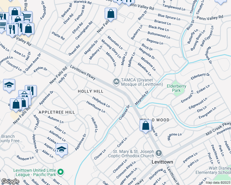 map of restaurants, bars, coffee shops, grocery stores, and more near 304 Holly Drive in Levittown