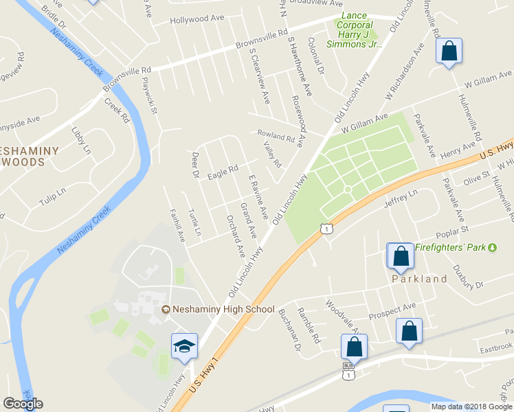 map of restaurants, bars, coffee shops, grocery stores, and more near 526 Ravine Street in Langhorne
