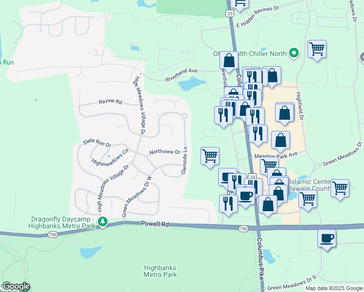 map of restaurants, bars, coffee shops, grocery stores, and more near 491 Glenside Lane in Powell