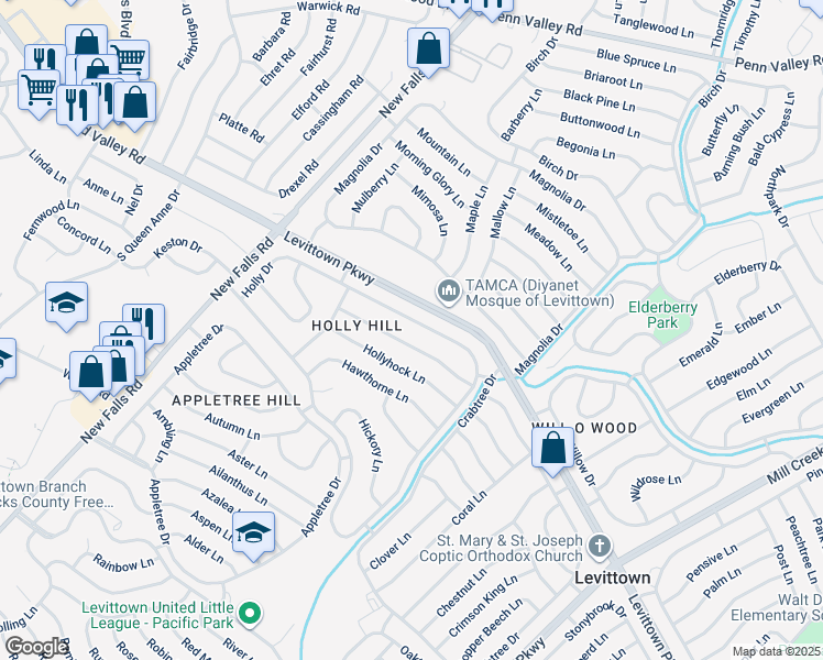 map of restaurants, bars, coffee shops, grocery stores, and more near 319 Holly Drive in Levittown
