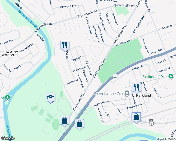 map of restaurants, bars, coffee shops, grocery stores, and more near 526 Ravine Street in Langhorne