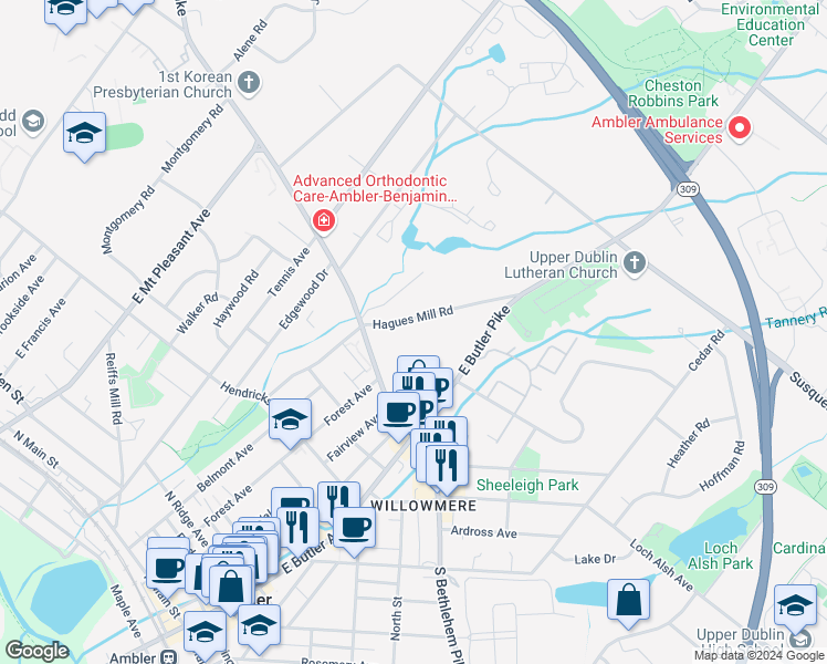 map of restaurants, bars, coffee shops, grocery stores, and more near 1120 Hagues Mill Road in Ambler