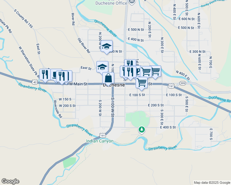 map of restaurants, bars, coffee shops, grocery stores, and more near 72 South 100 West Street in Duchesne