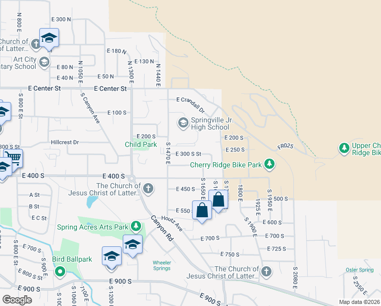 map of restaurants, bars, coffee shops, grocery stores, and more near 1567 East 300 South Street in Springville