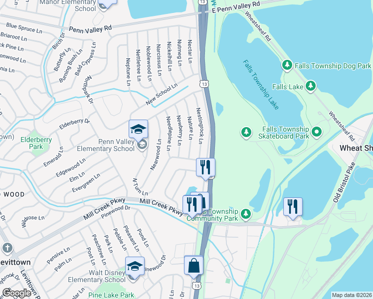 map of restaurants, bars, coffee shops, grocery stores, and more near 9 Nature Lane in Levittown