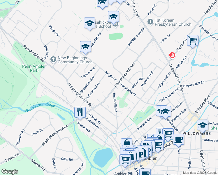 map of restaurants, bars, coffee shops, grocery stores, and more near 340 Pleasant Acre Drive in Ambler