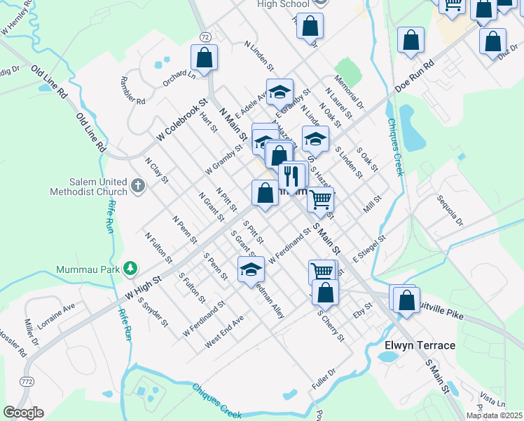 map of restaurants, bars, coffee shops, grocery stores, and more near 3 South Charlotte Street in Manheim