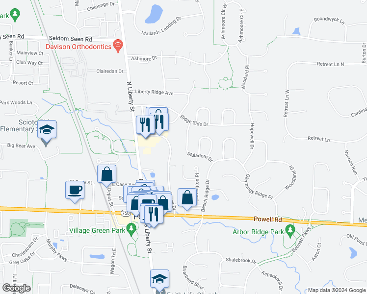 map of restaurants, bars, coffee shops, grocery stores, and more near 221 Muladore Drive in Powell