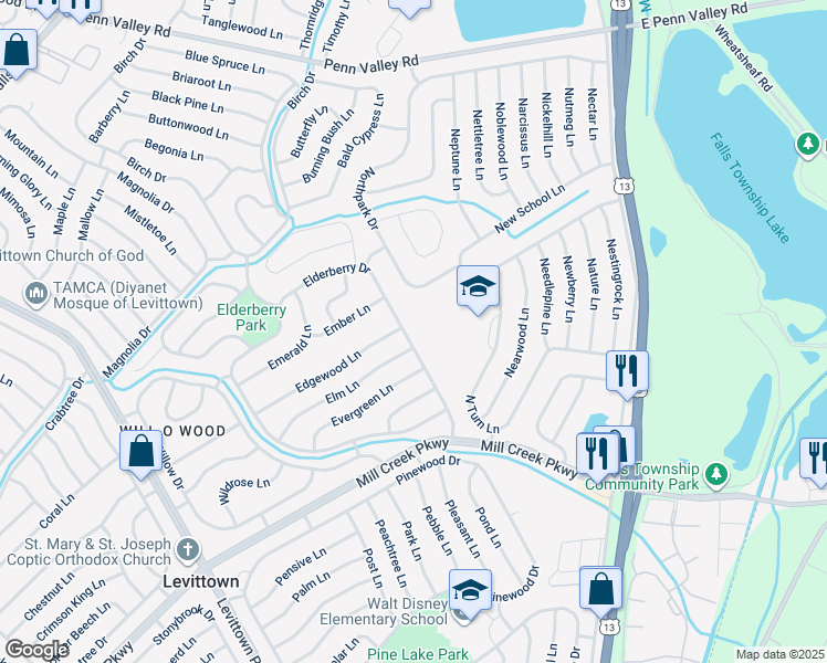 map of restaurants, bars, coffee shops, grocery stores, and more near 60 Elderberry Drive in Levittown
