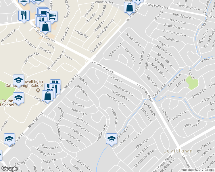 map of restaurants, bars, coffee shops, grocery stores, and more near 74 Hollyhock Lane in Levittown