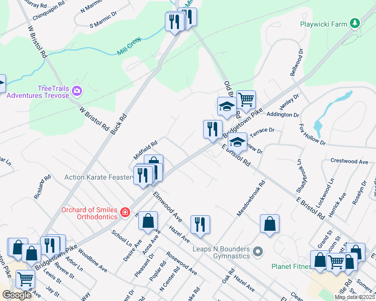map of restaurants, bars, coffee shops, grocery stores, and more near 9 West Endfield Road in Feasterville-Trevose