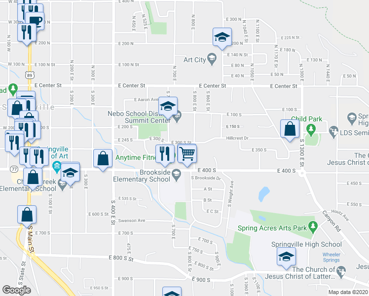 map of restaurants, bars, coffee shops, grocery stores, and more near 756 East 300 South in Springville