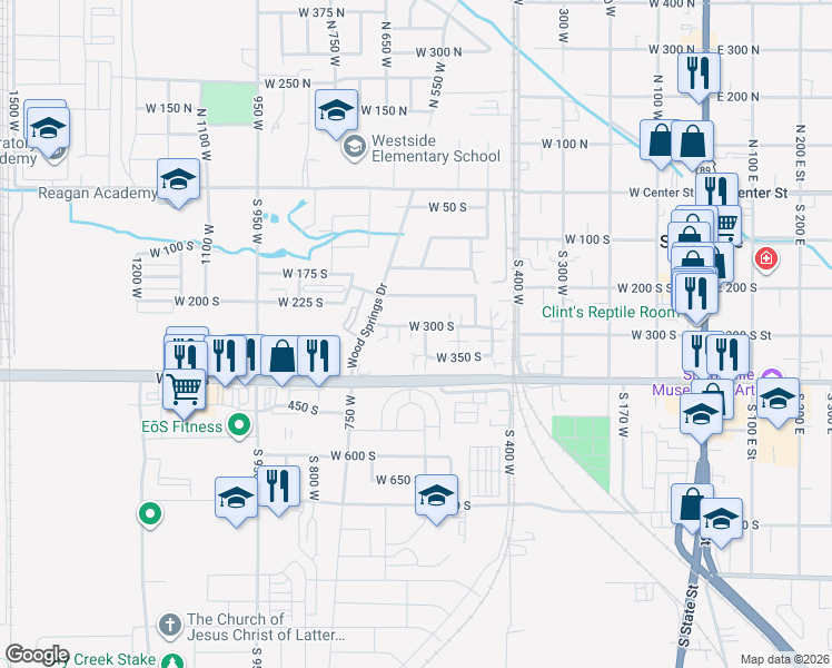 map of restaurants, bars, coffee shops, grocery stores, and more near 511 West 300 South in Springville