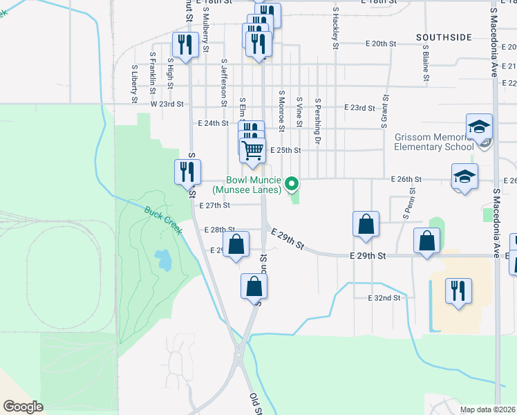 map of restaurants, bars, coffee shops, grocery stores, and more near 3401 South Madison Street in Muncie
