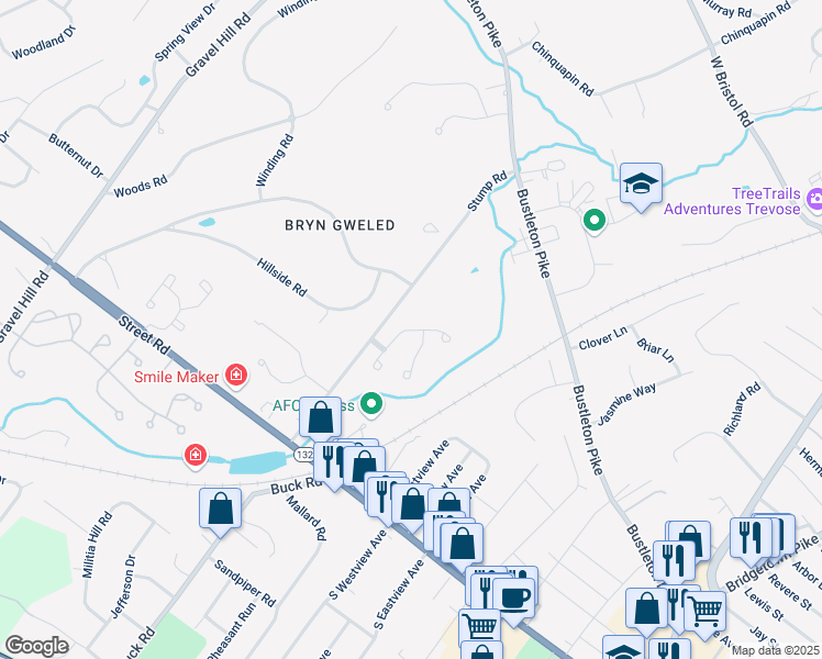 map of restaurants, bars, coffee shops, grocery stores, and more near Katie Drive in Feasterville-Trevose