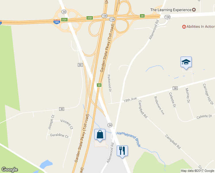 map of restaurants, bars, coffee shops, grocery stores, and more near 2151 Parkwood Drive in Belmar