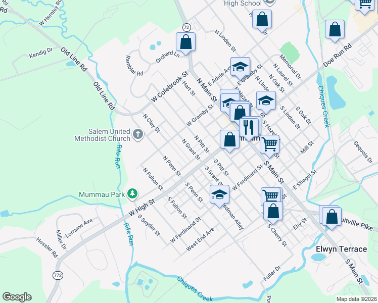map of restaurants, bars, coffee shops, grocery stores, and more near 38 North Grant Street in Manheim