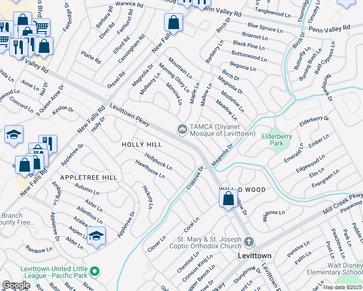 map of restaurants, bars, coffee shops, grocery stores, and more near 304 Holly Drive in Levittown
