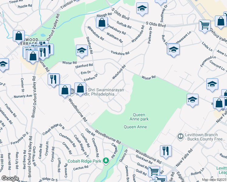 map of restaurants, bars, coffee shops, grocery stores, and more near 14 Hedgerow Drive in Fairless Hills