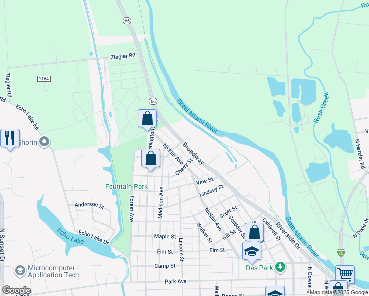 map of restaurants, bars, coffee shops, grocery stores, and more near 1614 Broadway in Piqua