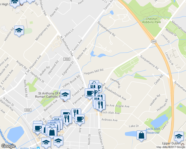 map of restaurants, bars, coffee shops, grocery stores, and more near 1120 Hagues Mill Road in Ambler