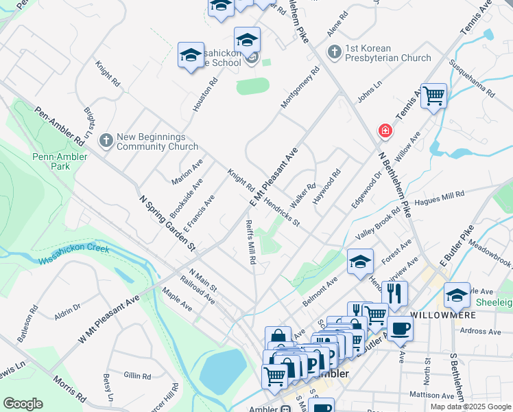 map of restaurants, bars, coffee shops, grocery stores, and more near 208 East Mount Pleasant Avenue in Ambler